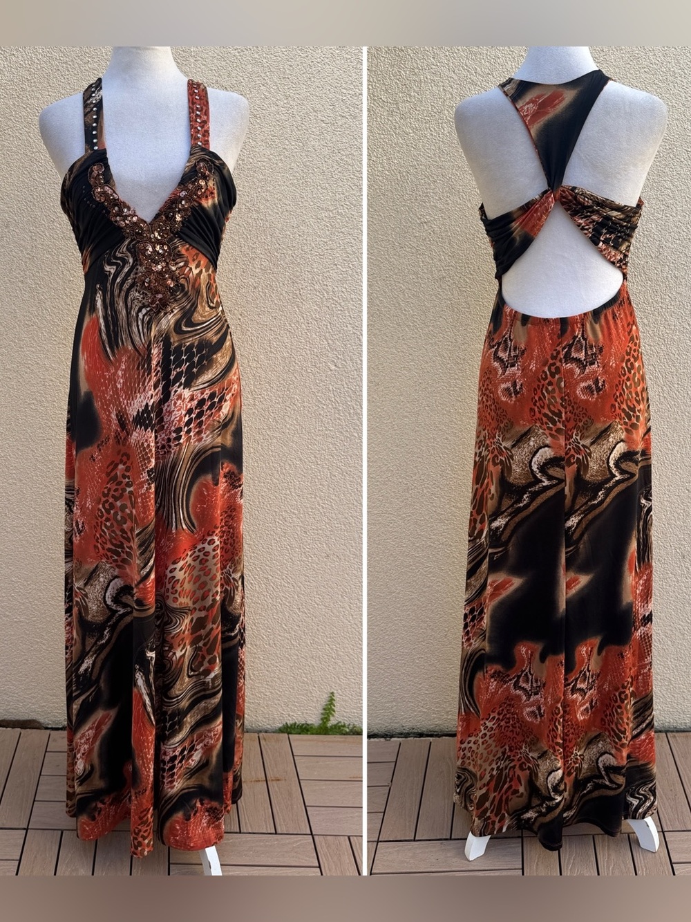 Y2K Spy Zone Exchange animal print halter maxi dress beaded open back orange